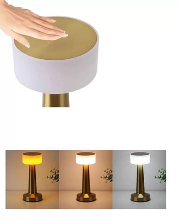By Mertay Altın LED Masa Lambası Type-C Şarjlı Kablosuz 3 Renk Ayarlı Dokunmatik Kontrollü Dekoratif Metal Işık