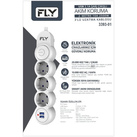 FLY 3393-01 3 Soket 2 USB Akım Korumalı Priz 2.1A Anahtarlı 2Mt Kablo (Beyaz)(1923)