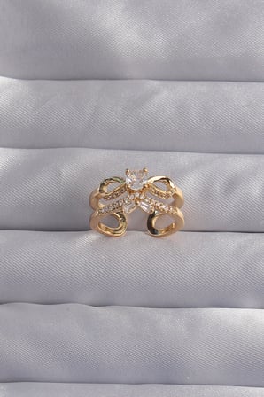 Pirinç Ayarlamalı Gold Renk Zirkon Taşlı 2li Görünüm Fiyonk Yüzük 5886