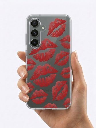 Samsung S25 FE Kırmızı Dudak / Öpücük Desenli Şeffaf Telefon Kılıfı