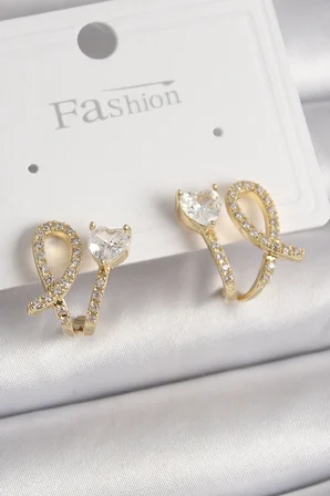 Pirinç Gold Renk Düğüm Model Zirkon Taşlı Kalp Detay Kadın Küpe 5886