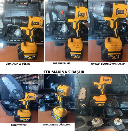 Hsgl 36V Lityum Pilli Akülü Şarjlı Darbeli Tork Vidakama Delme Kesme Spral 5 li set BN5 Yasn40
