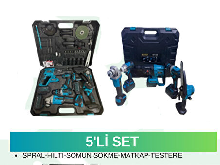 HSGL HKT 929 5’li Akülü Set – Dekopaj, Hilti, Matkap, Somun Sökme ve Spiral – 21V Şarjlı El Aletleri Takımı ( Taşıma Çantalı)