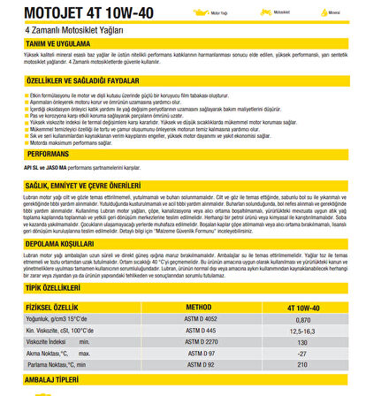 HSGL Lubran 4T MotoJet 10W-40 API SL Motor Yağı 1 Litre Yüksek Performanslı 4 Zamanlı Motosiklet Yağ