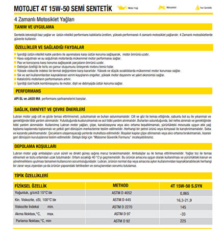 HSGL Lubran 4T MotoJet 15W-50 API SL Motor Yağı 1 Litre Yüksek Performanslı 4 Zamanlı Motosiklet Yağı