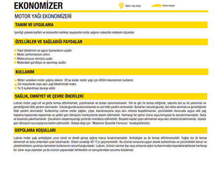 HSGL Lubran Motor Oil Ekonomizer 400ml Motor Koruyucu Yağ Katkısı Performans Artırıcı Ses Azaltıcı