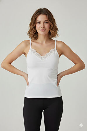 Kadın 2'li ince Askılı V Yaka Dantelli Pamuklu Penye Atlet