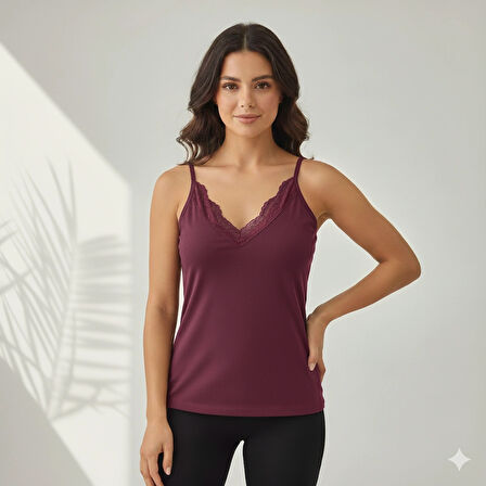 Kadın 2'li ince Askılı V Yaka Dantelli Pamuklu Penye Atlet