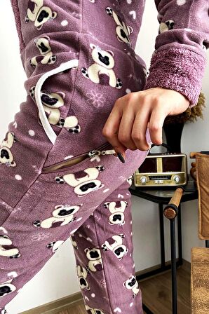 Fermuar Detaylı Kışlık Welsoft Polar Kadın Tulum Pijama Takımı