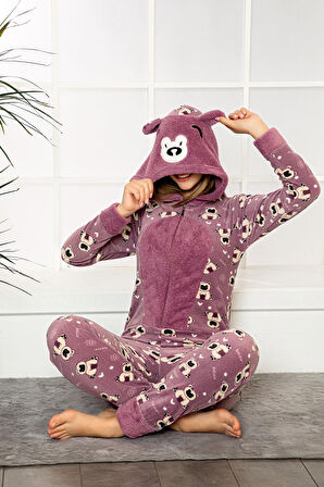 Fermuar Detaylı Kışlık Welsoft Polar Kadın Tulum Pijama Takımı