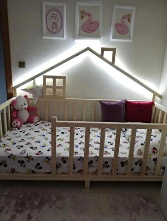 CND HOME Unisex Evli Montessori Bebek Ve Çocuk Karyolası Doğal Ahşap