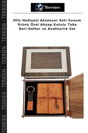 Ofis Hediyesi Aksesuar Seti Sunum Ürünü Özel Ahşap Kutulu Taba Deri Defter ve Anahtarlık Set