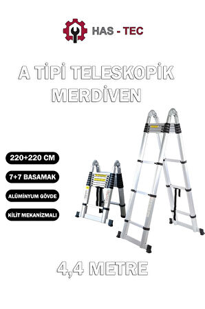 HAS-TEC 7+7 Basamaklı Çift Taraflı A Tipi Uzayan Teleskopik Merdiven 4,4 m