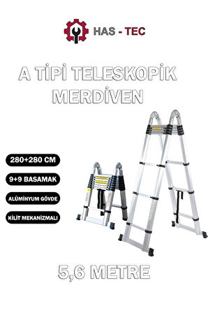 HAS-TEC 9+9 Basamaklı Çift Taraflı A Tipi Uzayan Teleskopik Merdiven 5,6 m