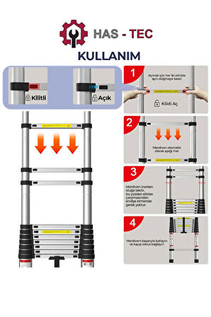 HAS-TEC 13 Basamaklı Düz Uzayan Teleskopik Merdiven 3,8 m
