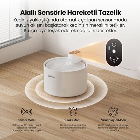 Haustier WF03 Otomatik Kablosuz Kedi Su Pınarı, Sensörlü , Bataryalı , Ultra Sessiz, Seramik, 2,3Lt Hazne