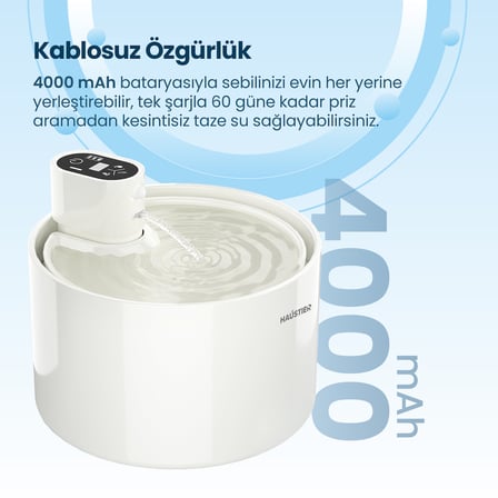 Haustier WF03 Otomatik Kablosuz Kedi Su Pınarı, Sensörlü , Bataryalı , Ultra Sessiz, Seramik, 2,3Lt Hazne