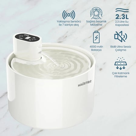 Haustier WF03 Otomatik Kablosuz Kedi Su Pınarı, Sensörlü , Bataryalı , Ultra Sessiz, Seramik, 2,3Lt Hazne