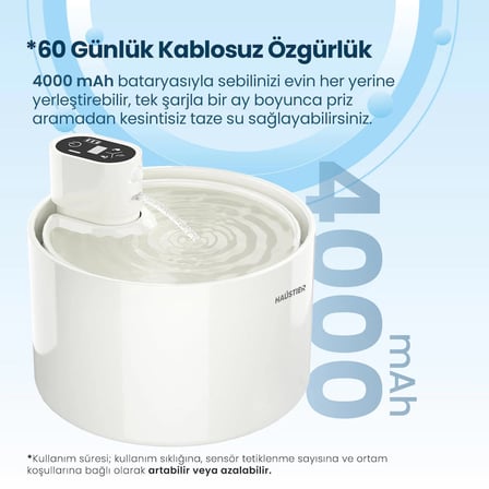 Haustier WF03 Otomatik Kablosuz Kedi Su Pınarı, Sensörlü , Bataryalı , Ultra Sessiz, Seramik, 2,3Lt Hazne