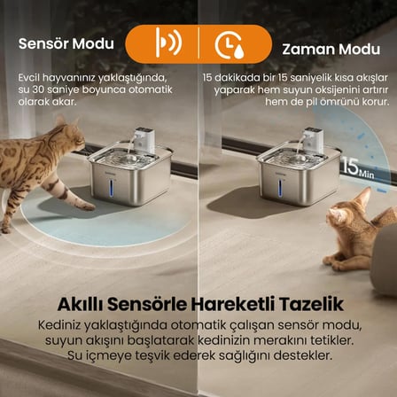 Haustier WF08 Otomatik Kablosuz Kedi Su Pınarı, Sensörlü , Bataryalı , Ultra Sessiz, Çelik , 3Lt Hazne