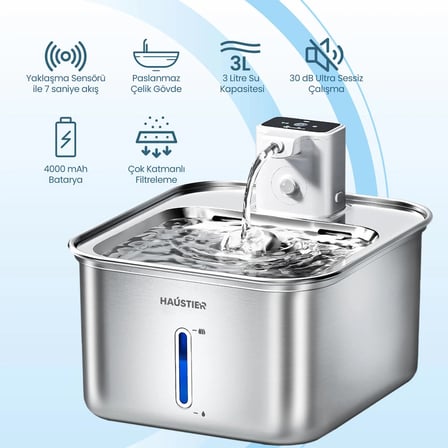 Haustier WF08 Otomatik Kablosuz Kedi Su Pınarı, Sensörlü , Bataryalı , Ultra Sessiz, Çelik , 3Lt Hazne