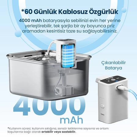 Haustier WF08 Otomatik Kablosuz Kedi Su Pınarı, Sensörlü , Bataryalı , Ultra Sessiz, Çelik , 3Lt Hazne