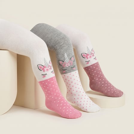 H-storee Kız Çocuk 3'lü Paket Unicorn Desenli Puantiyeli Pamuklu Külotlu Çorap Seti
