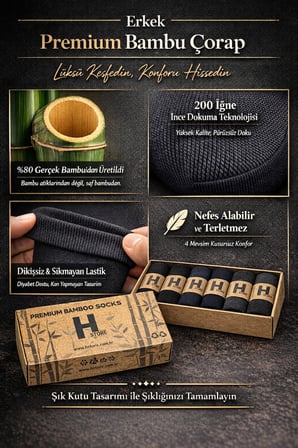 Erkek Premium Doğal Bambu Çorap 6’lı Set - %80 Gerçek Bambu İpliği, Dikişsiz, Nefes Alan, Kutulu Koleksiyon