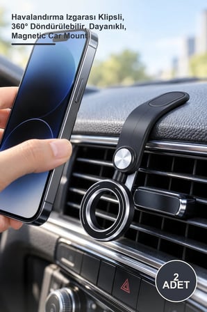 2 Adet Kompakt Manyetik Araç İçi Telefon Tutucu – Havalandırma Izgarası Klipsli, 360° Döndürülebilir, Dayanıklı, Magnetic Car Mount