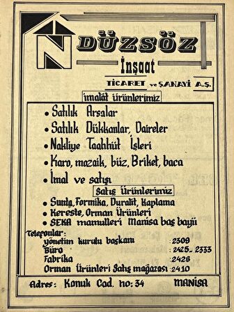 Manisa 1987 Meslek Reklam İlanı Efemera S-47