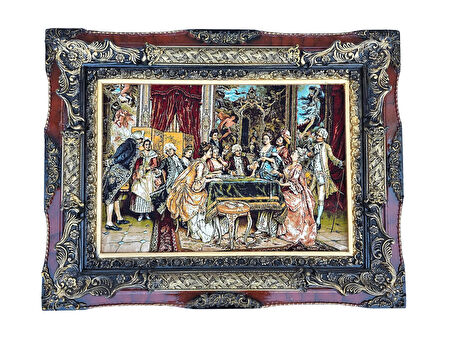 Fransız Aile Toplantısı Temalı İran Tebriz Halı Tablo 95x75 cm - Duvar Halı Kilim Tablo