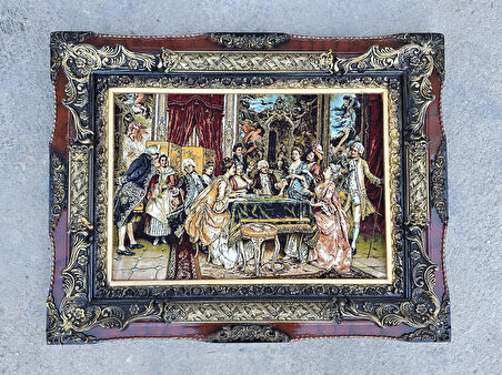 Fransız Aile Toplantısı Temalı İran Tebriz Halı Tablo 95x75 cm - Duvar Halı Kilim Tablo