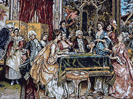 Fransız Aile Toplantısı Temalı İran Tebriz Halı Tablo 95x75 cm - Duvar Halı Kilim Tablo