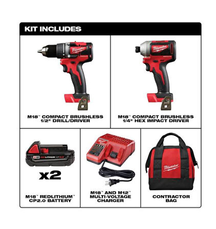 Milwaukee 2892-22CT M18 Fırçasız 2'li Akülü Matkap ve Vidalama Set