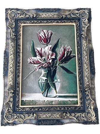 Sükûnetin Laleleri Adlı İran Tebriz Halı Tablo 94x74cm - Duvar Halı Kilim Tablo