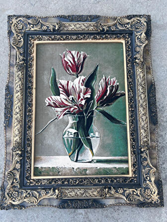 Sükûnetin Laleleri Adlı İran Tebriz Halı Tablo 94x74cm - Duvar Halı Kilim Tablo