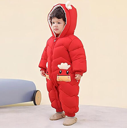 Bebek Fermuarlı Kozmonot Tulum Kırmızı 100 Beden