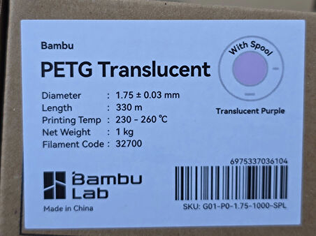 Bambu Lab PETG Translucent Mor Filament 1,75mm 1Kg