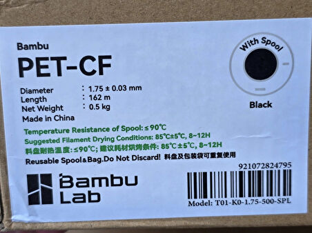 Bambu Lab PET-CF Siyah Filament 1,75mm 0,5Kg