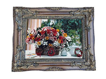 Bahar Çiçekleri Adlı İran Tebriz Halı Tablo 95x75cm - Duvar Halı Kilim Tablo