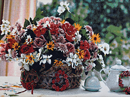 Bahar Çiçekleri Adlı İran Tebriz Halı Tablo 95x75cm - Duvar Halı Kilim Tablo