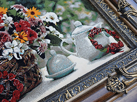 Bahar Çiçekleri Adlı İran Tebriz Halı Tablo 95x75cm - Duvar Halı Kilim Tablo