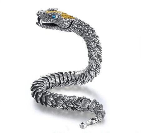 Viking Yılan Başlı 925 Ayar Gümüş Bileklik 25,5cm 83 Gram Sertifikalı