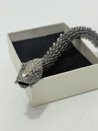 Viking Yılan Başlı 925 Ayar Gümüş Bileklik 25,5cm 83 Gram Sertifikalı