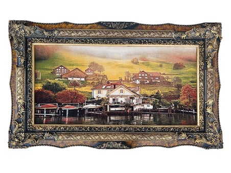 Kıyı Evleri ve Tekne Limanı Adlı İran Tebriz Halı Tablo 123x73cm - Duvar Halı Kilim Tablo