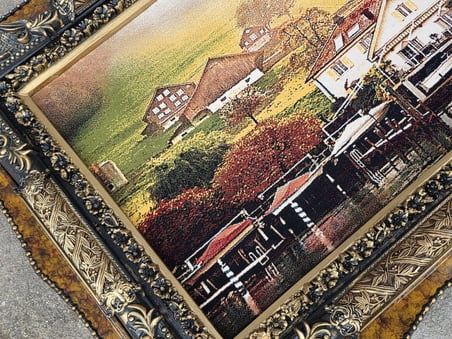 Kıyı Evleri ve Tekne Limanı Adlı İran Tebriz Halı Tablo 123x73cm - Duvar Halı Kilim Tablo