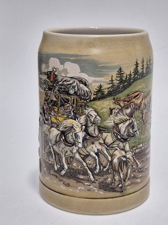 Vintage Tankart Kabartmalı At Arabası Doğa Figürlü Alman Seramik Bira Bardağı 14cm 001