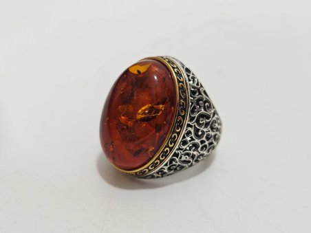Kehribar Taş Motifli 925 Ayar Gümüş Yüzük 21,65 Gram