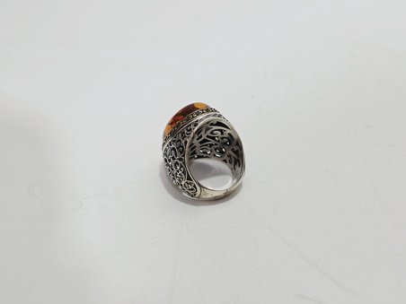 Kehribar Taş Motifli 925 Ayar Gümüş Yüzük 21,65 Gram