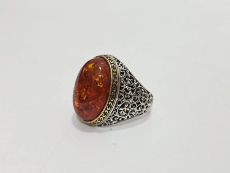 Kehribar Taş Motifli 925 Ayar Gümüş Yüzük 20,70 Gram